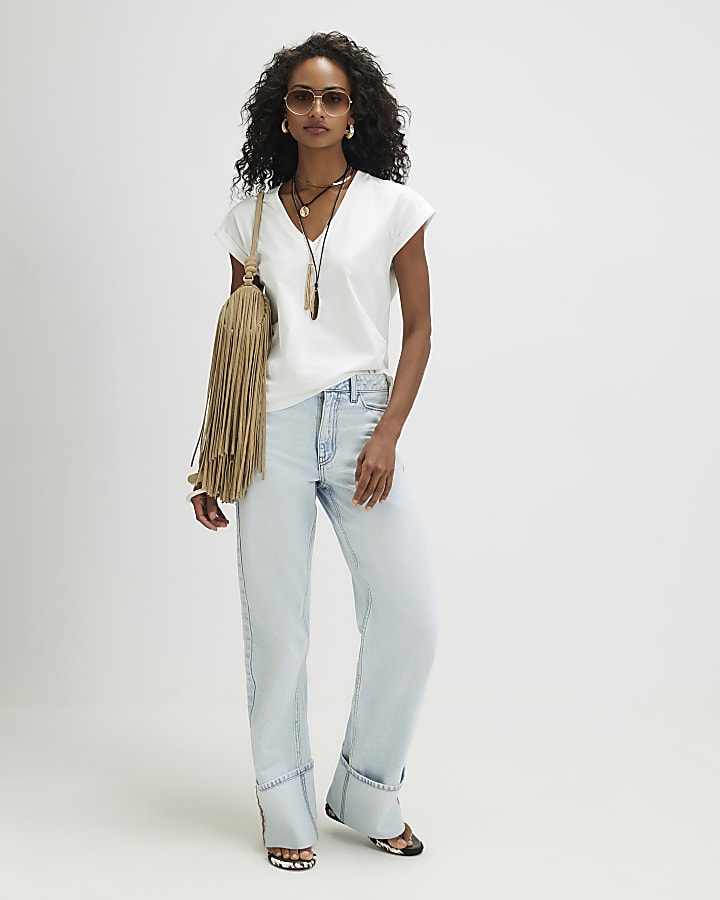 White Cotton Short Sleeve V Neck T-shirt