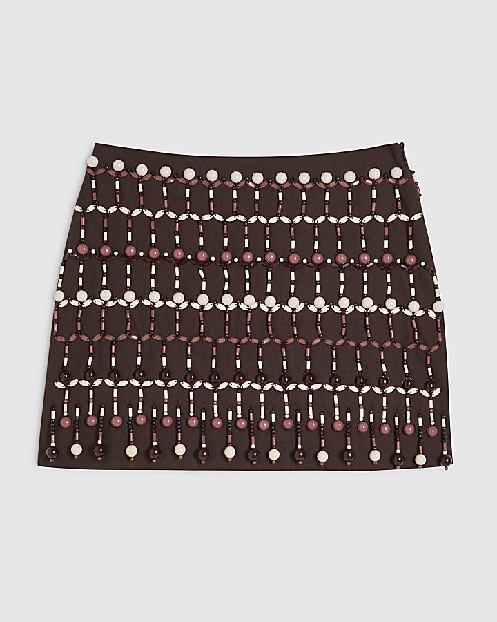 Brown Linen Beaded Tassel Mini Skirt