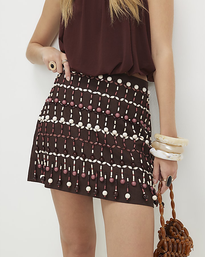 Brown Linen Beaded Tassel Mini Skirt