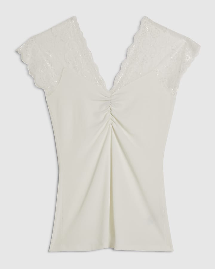 White Short Sleeve Lace Trim Ruched Top
