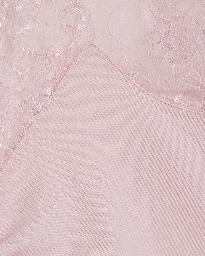 Pink Short Sleeve Lace Trim Ruched Top