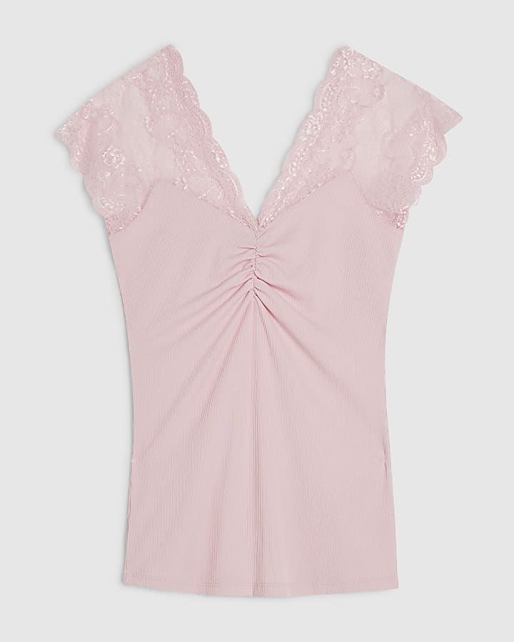 Pink Short Sleeve Lace Trim Ruched Top