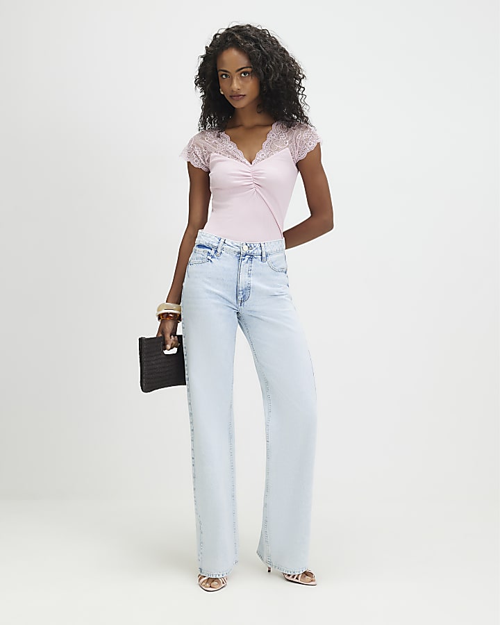 Pink Short Sleeve Lace Trim Ruched Top