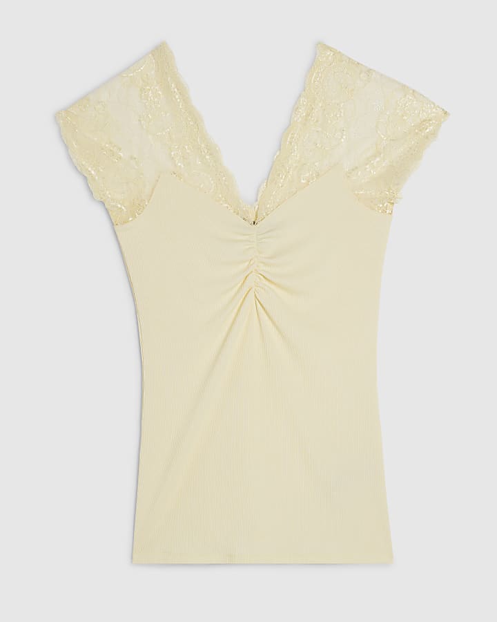 Yellow Short Sleeve Lace Trim Ruched Top