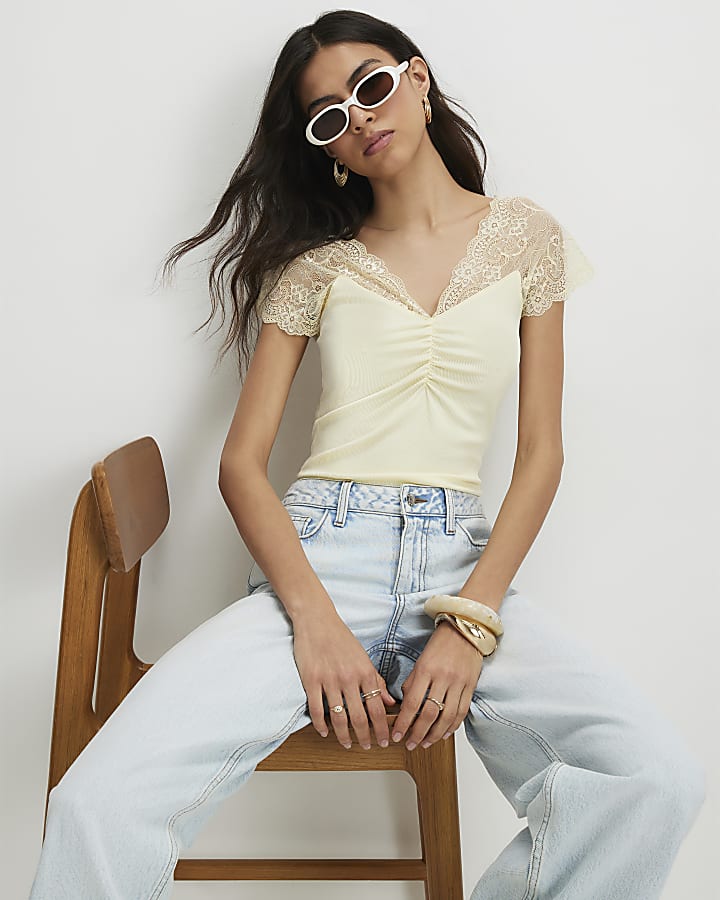 Yellow Short Sleeve Lace Trim Ruched Top