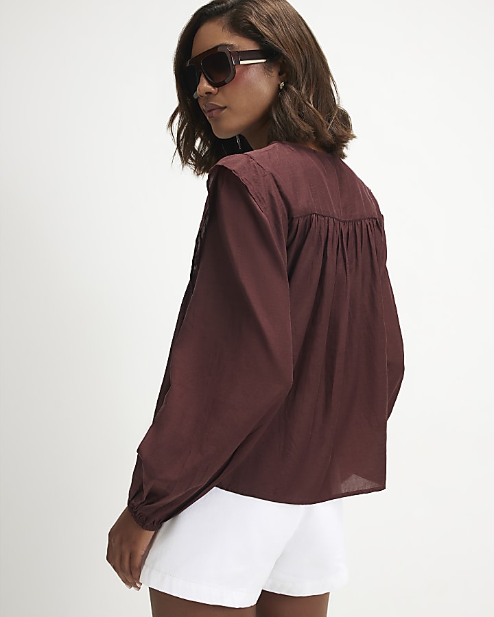Red Long Sleeve Smocked Front Yoke Blouse