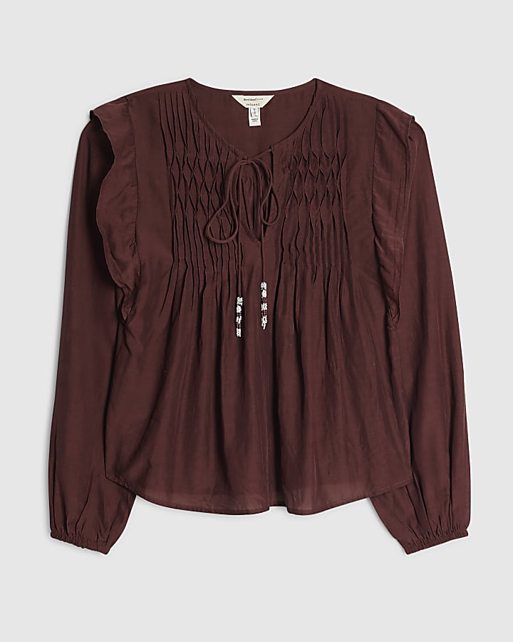 Red Long Sleeve Smocked Front Yoke Blouse