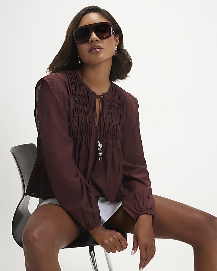 Red Long Sleeve Smocked Front Yoke Blouse