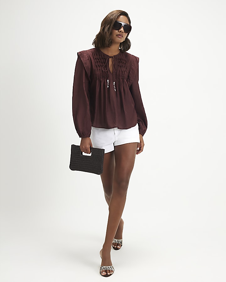 Red Long Sleeve Smocked Front Yoke Blouse