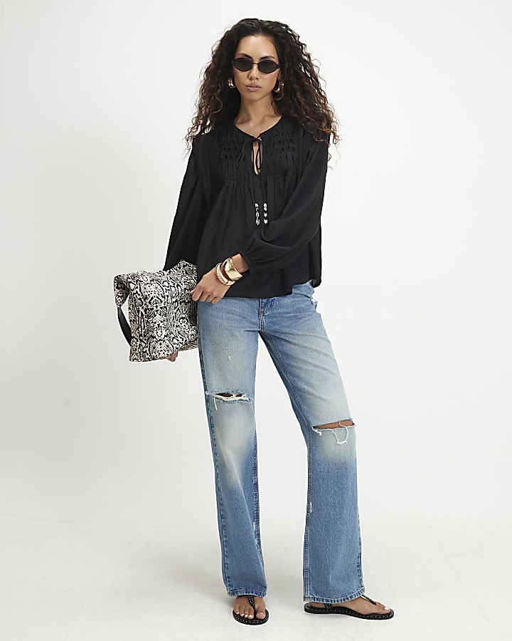 Black Smock Yoke Blouse