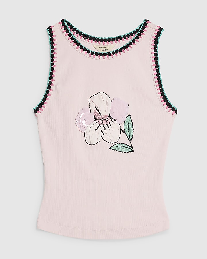 Pink Cotton Blend Embellished Tank Top