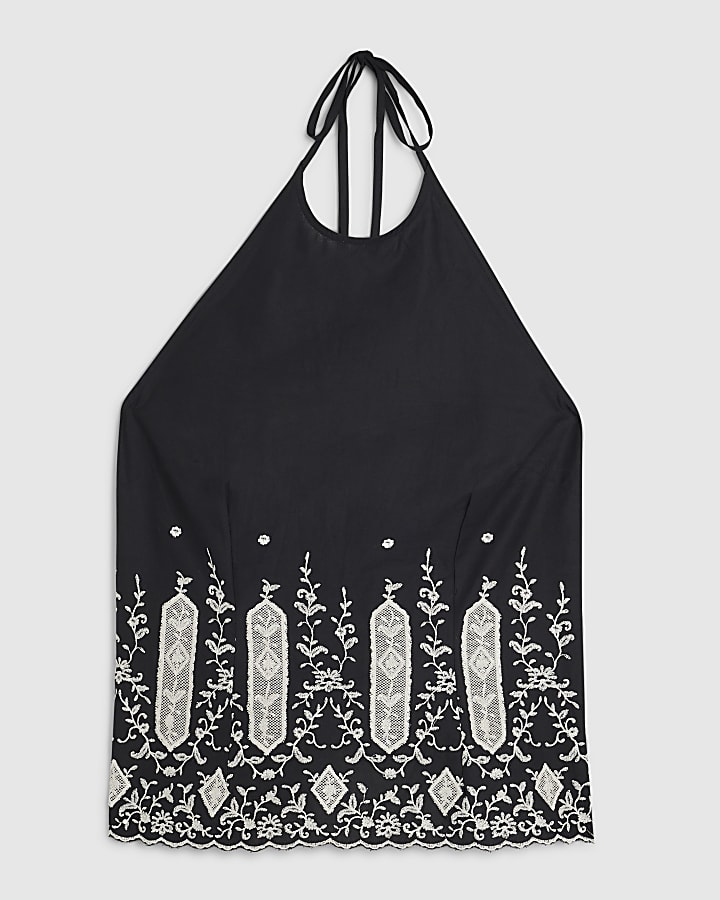 Black Halter Cutwork Hem Top