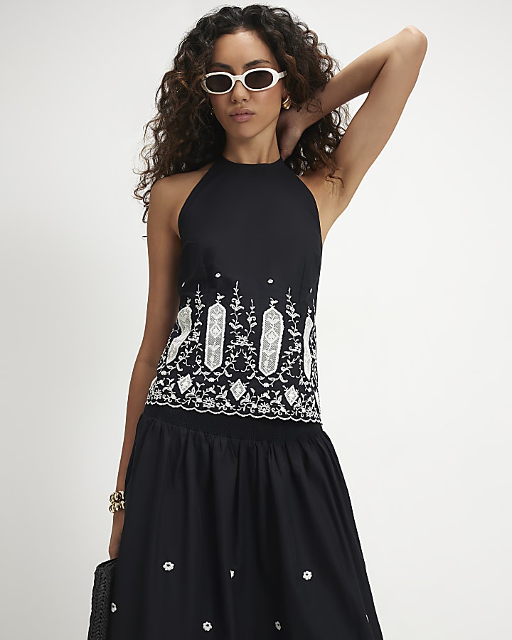 Black Halter Cutwork Hem Top