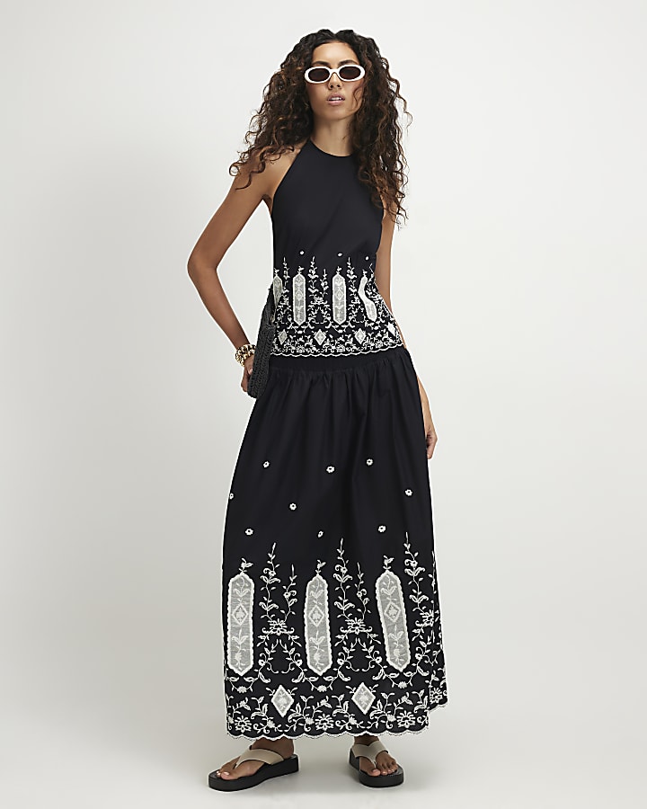 Black Halter Cutwork Hem Top