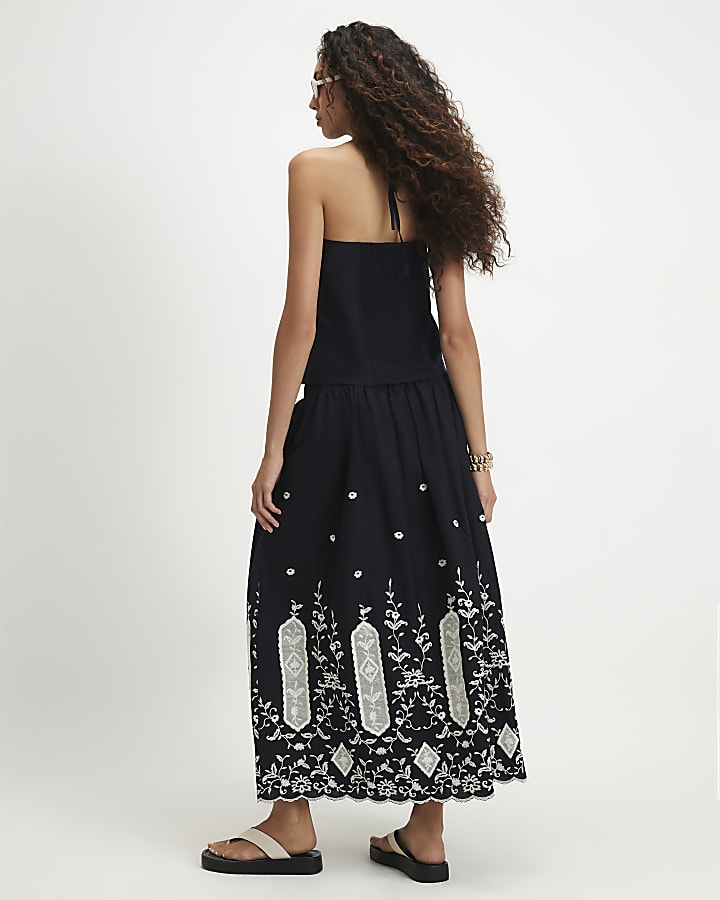 Black Linen Cutwork Hem Maxi Skirt
