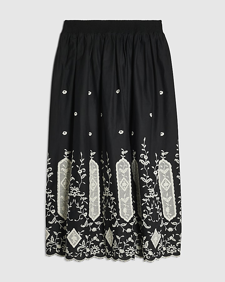 Black Linen Cutwork Hem Maxi Skirt
