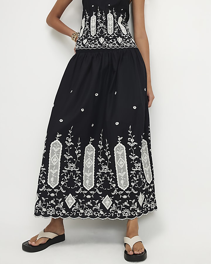 Black Linen Cutwork Hem Maxi Skirt