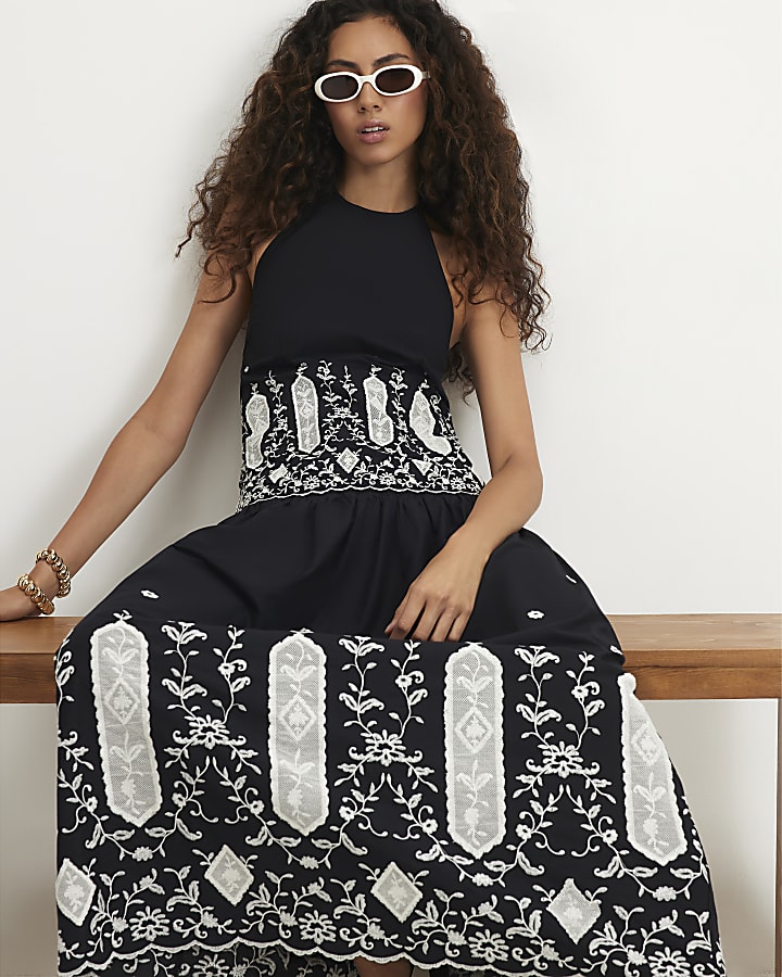 Black Linen Cutwork Hem Maxi Skirt