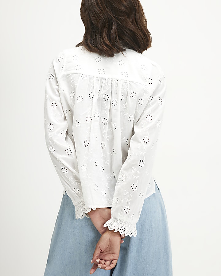 White Cotton Broderie Ruffle Blouse