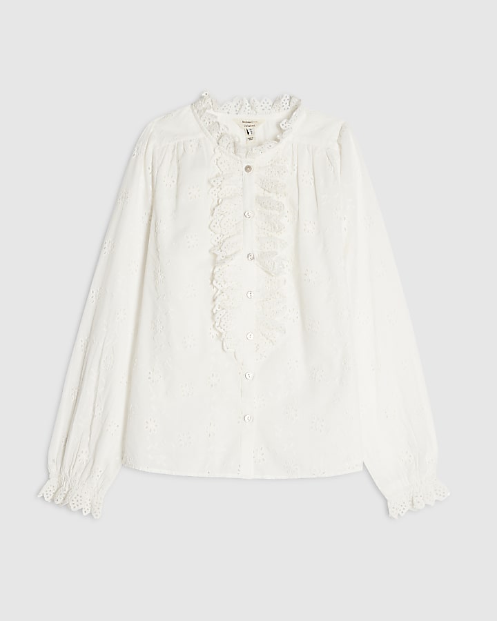 White Cotton Broderie Ruffle Blouse