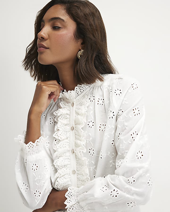 White Cotton Broderie Ruffle Blouse