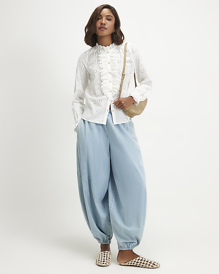 White Cotton Broderie Ruffle Blouse