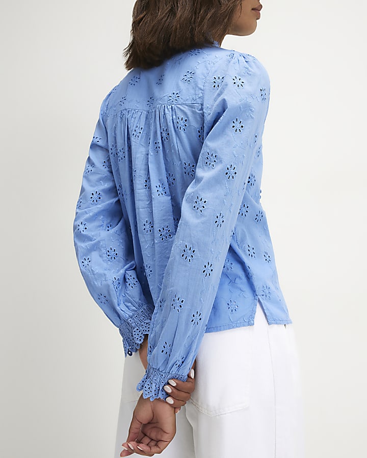 Blue Cotton Broderie Ruffle Blouse