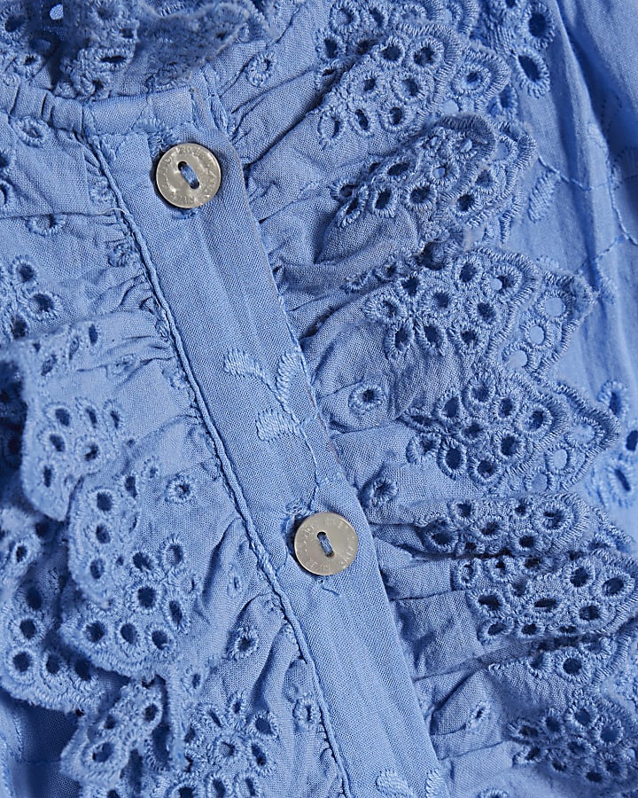 Blue Cotton Broderie Ruffle Blouse