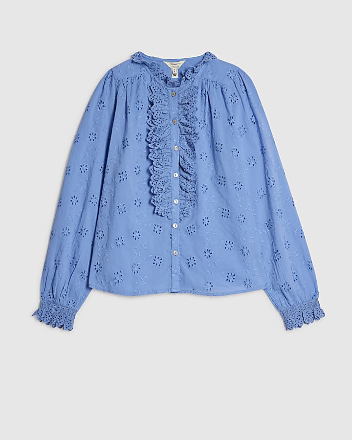 Blue Cotton Broderie Ruffle Blouse