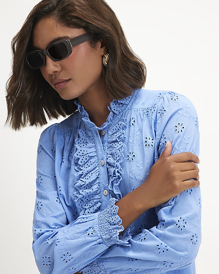 Blue Cotton Broderie Ruffle Blouse