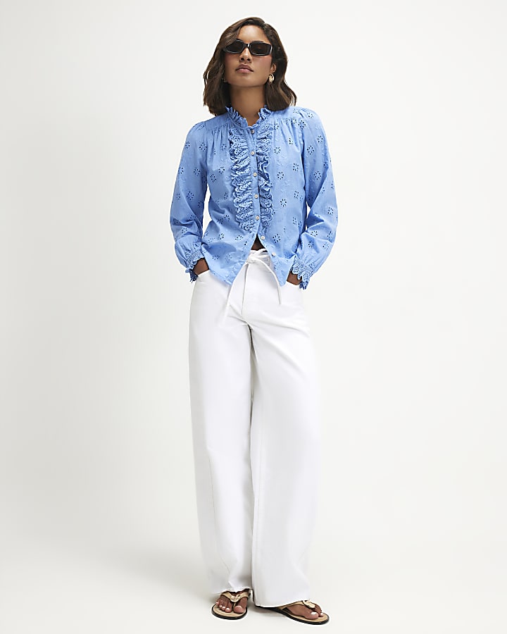 Blue Cotton Broderie Ruffle Blouse