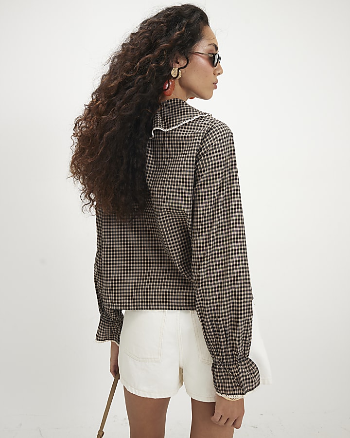 Black Check Lace Ruffle Blouse