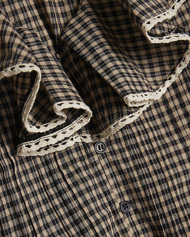 Black Check Lace Ruffle Blouse