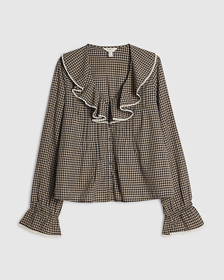 Black Check Lace Ruffle Blouse