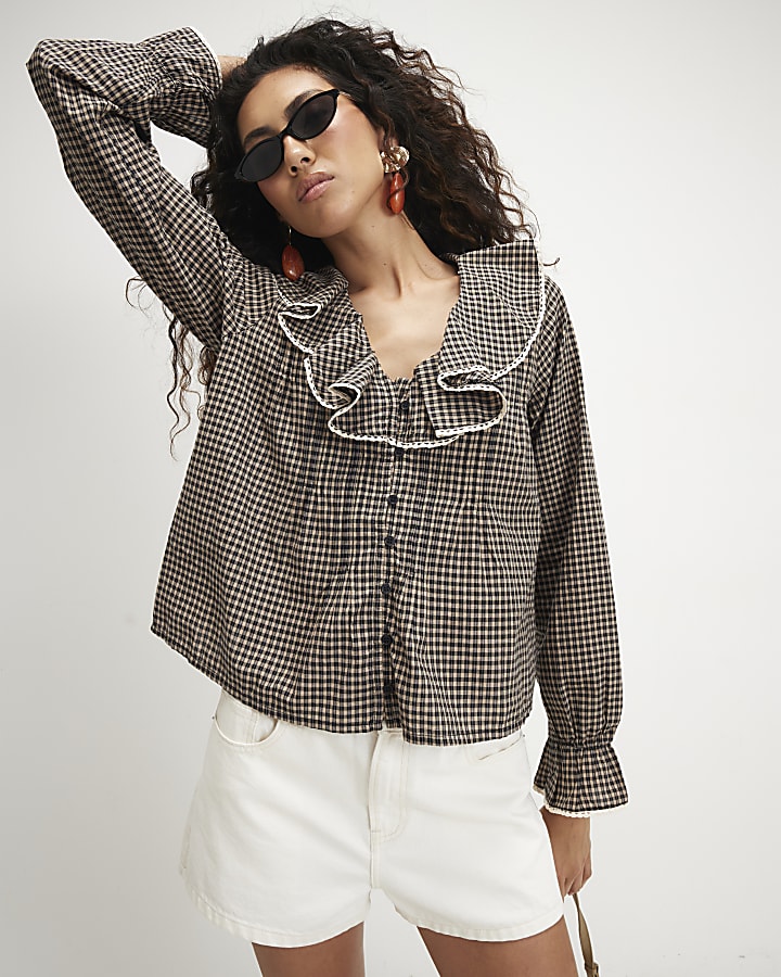 Black Check Lace Ruffle Blouse
