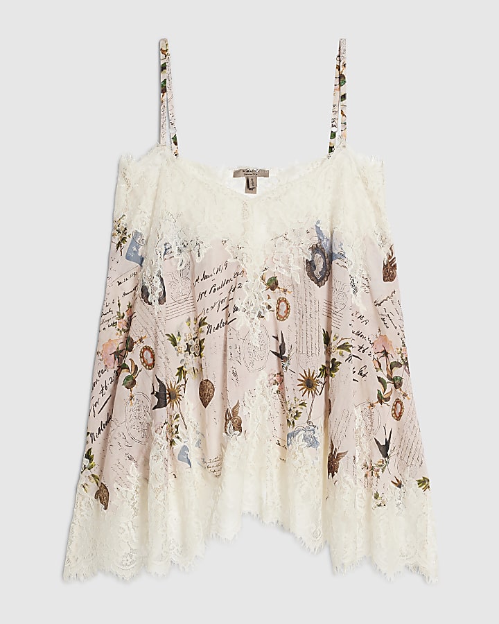 Cream Poem Print Lace Cami Top