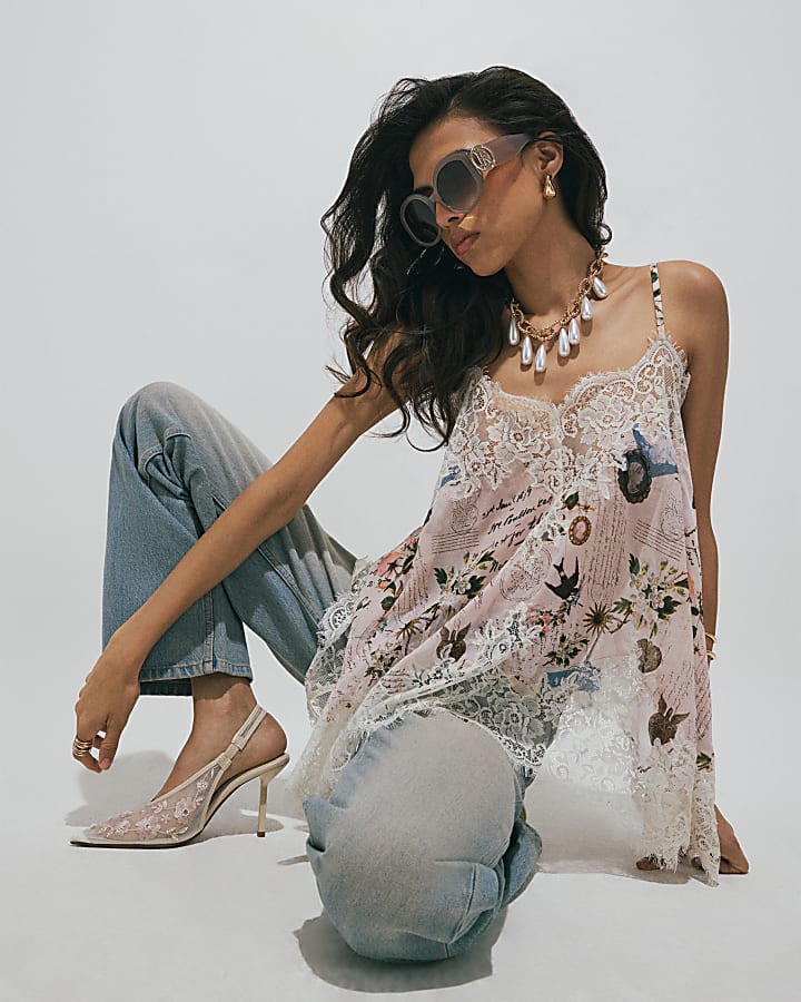 Cream Poem Print Lace Cami Top