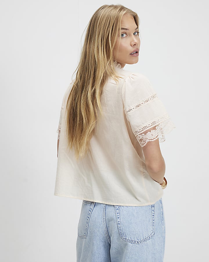 Pink Short Sleeve Ruffle Blouse