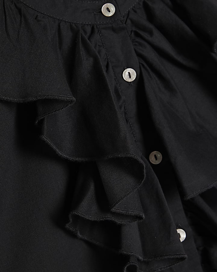 Black Cotton Ruffle Blouse