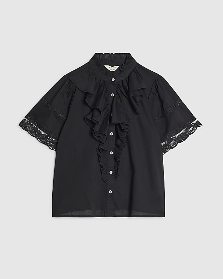 Black Cotton Ruffle Blouse