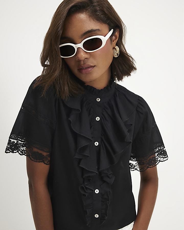 Black Cotton Ruffle Blouse