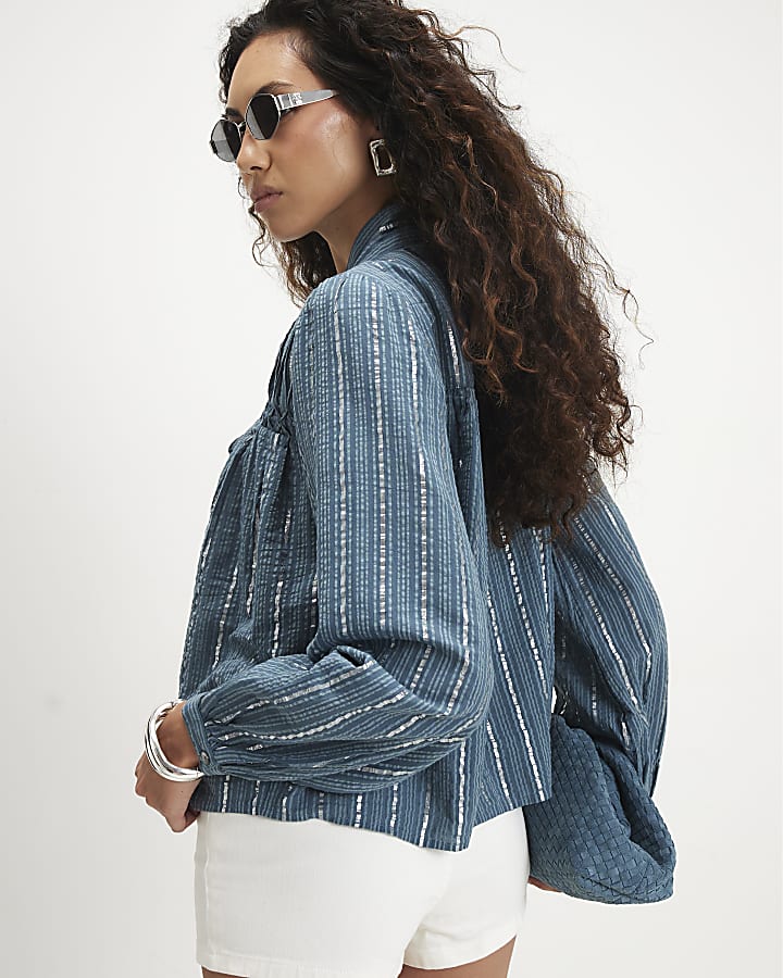 Blue Glitter Stripe Tie Blouse