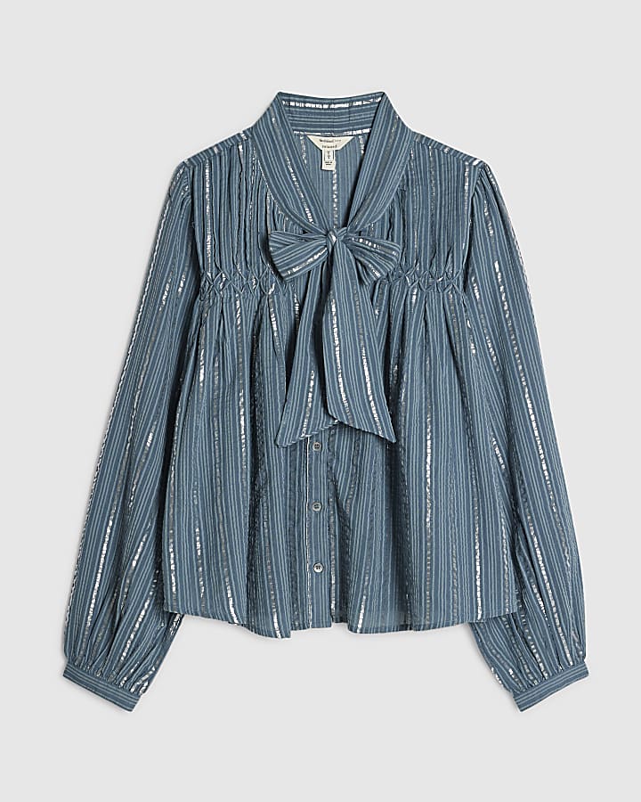 Blue Glitter Stripe Tie Blouse
