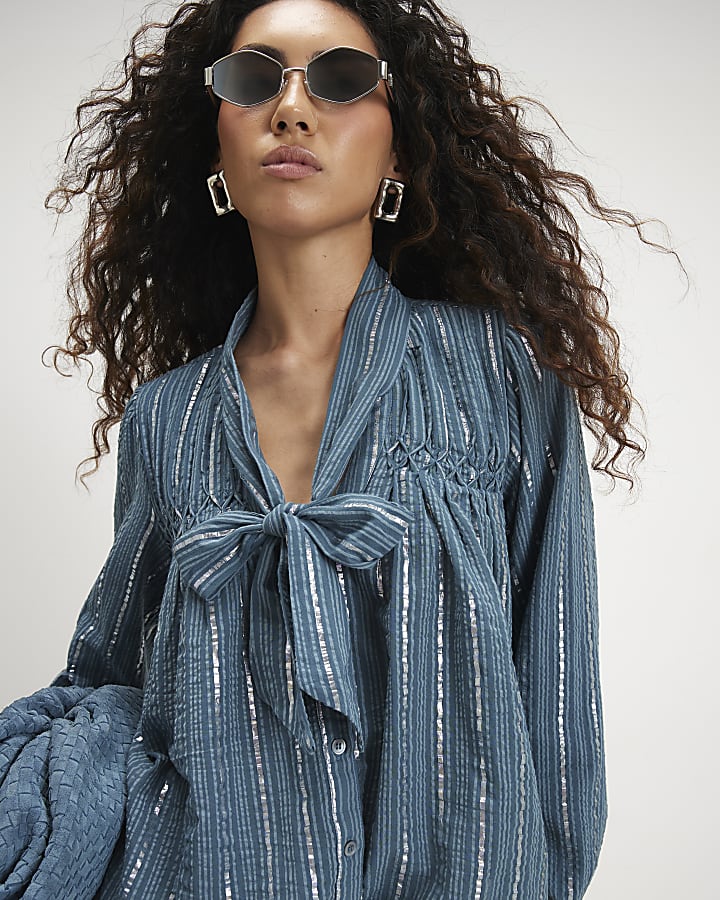 Blue Glitter Stripe Tie Blouse