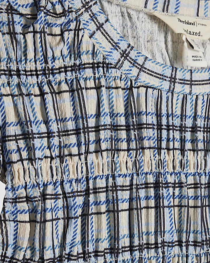 Blue Check Print Short Sleeve Top