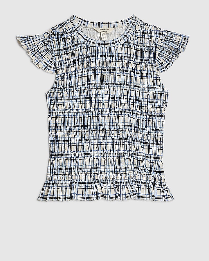 Blue Check Print Short Sleeve Top