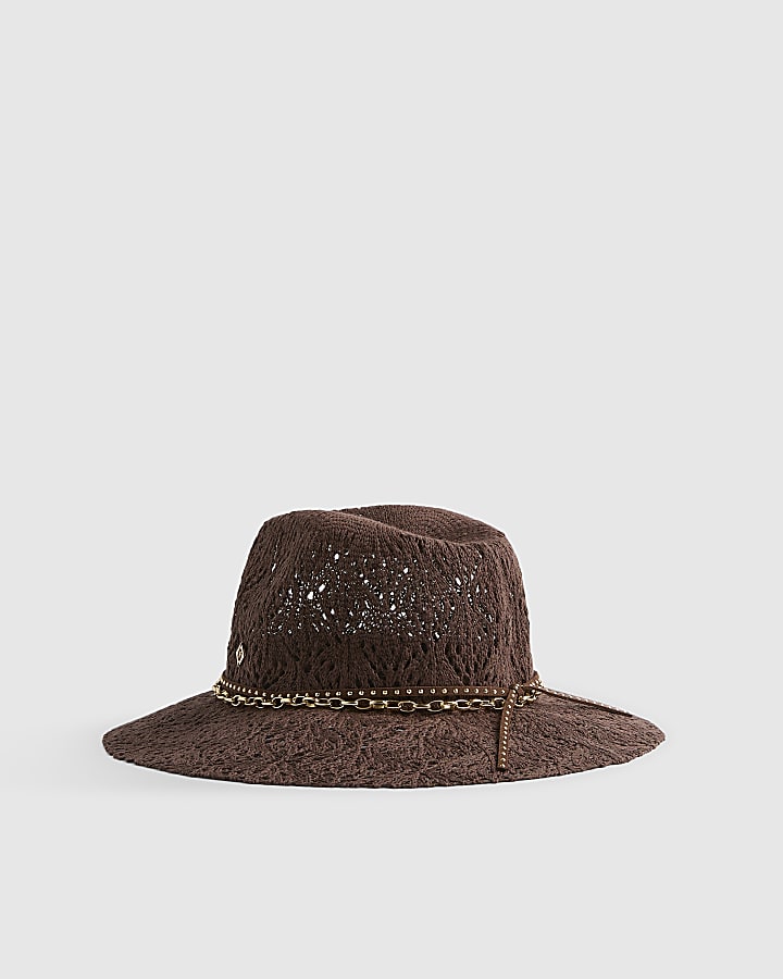 Brown Cut Out Studded Band Fedora Hat