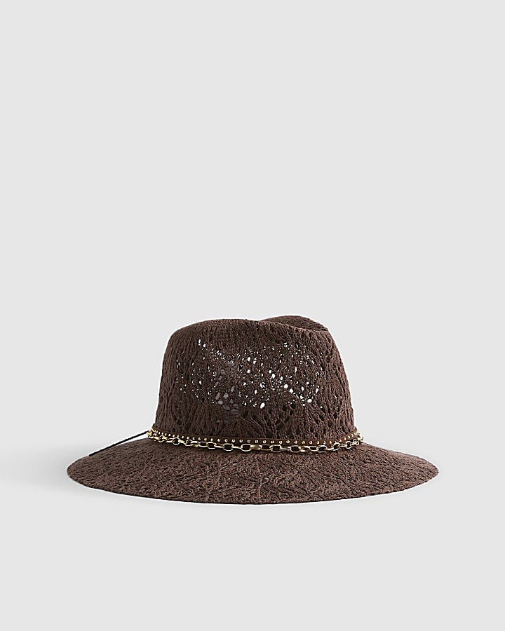 Brown Cut Out Studded Band Fedora Hat