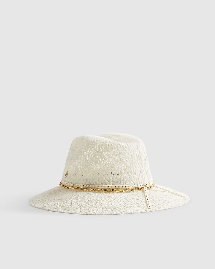 Cream Cut Out Studded Band Fedora Hat