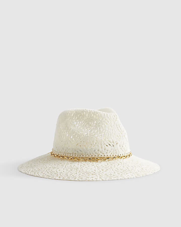 Cream Cut Out Studded Band Fedora Hat